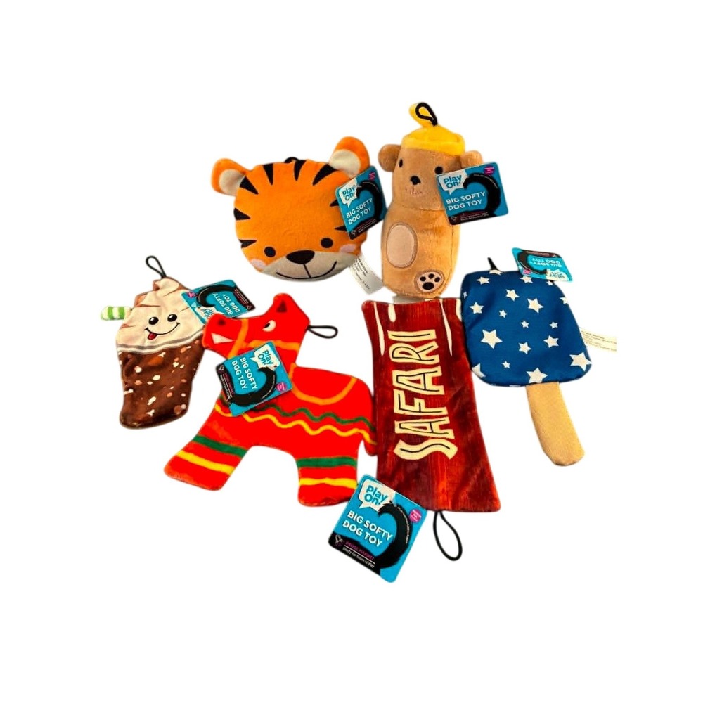 Play On Big Softy Dog Toy Bundle 6pc‎ Multicolor New Plush Squeaky Variety Set